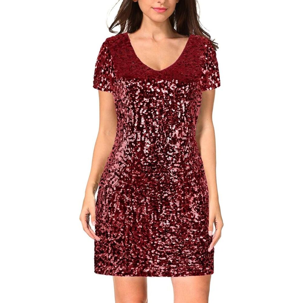Brand New Maner Red Sequin V-Neck Mini Party Dress